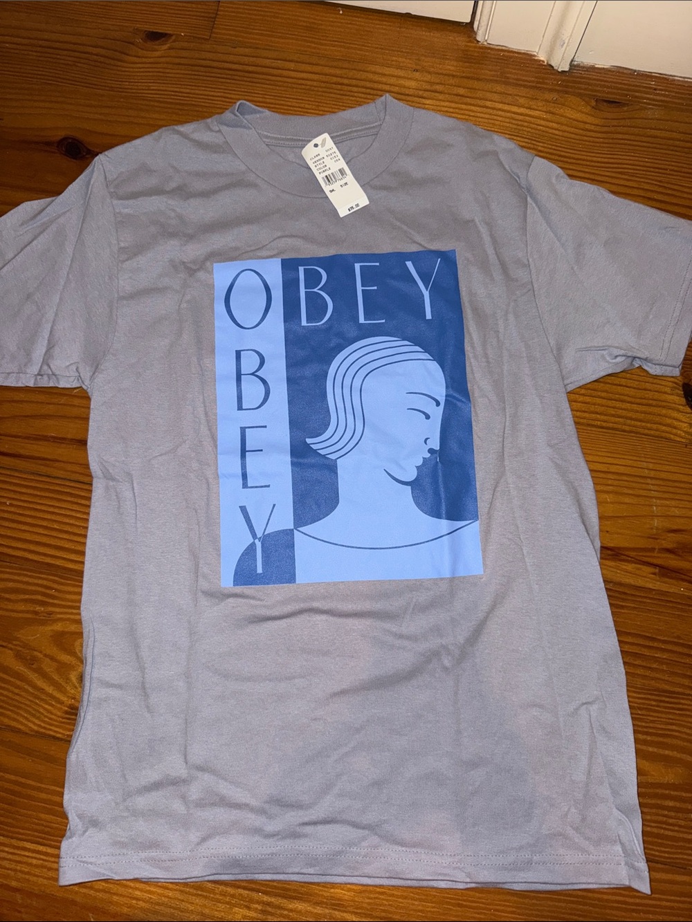 NEW Obey Gray Tee with Blue Graphic Panel S